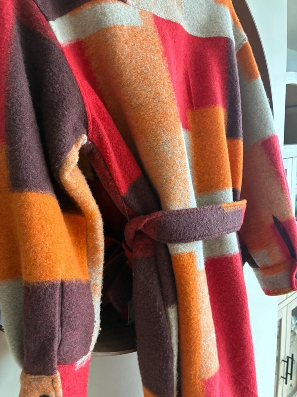 Desigual Red Orange Brown Cream Colorblock Belted Wool Coat - Picture 8 of 8